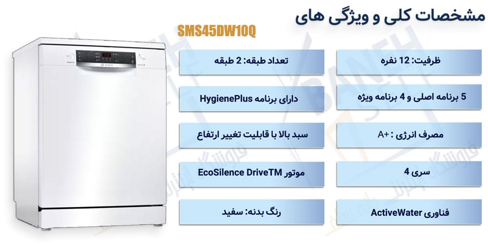 اینفوگرافیک ماشین ظرفشویی بوش مدل SMS45DW10Q ظرفیت 12 نفره
